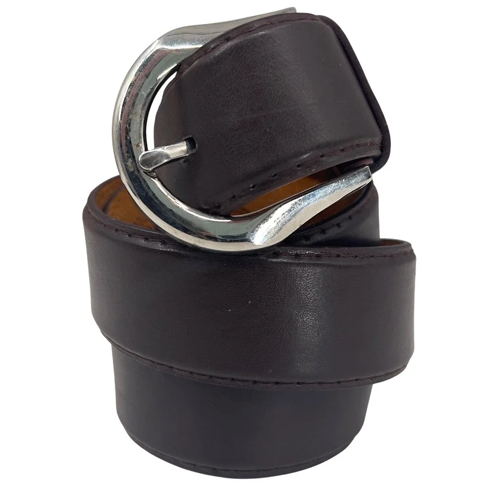 Men's Dark Brown‎ Leather Belt Silver Buckle Classic Dress Casual Size L 33-36